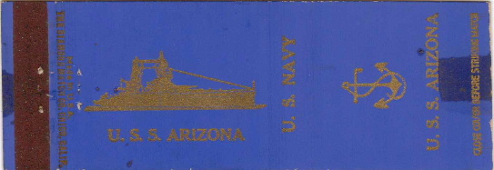 USS Arizona Matchcover issued before it was sunk in Pearl Harbor